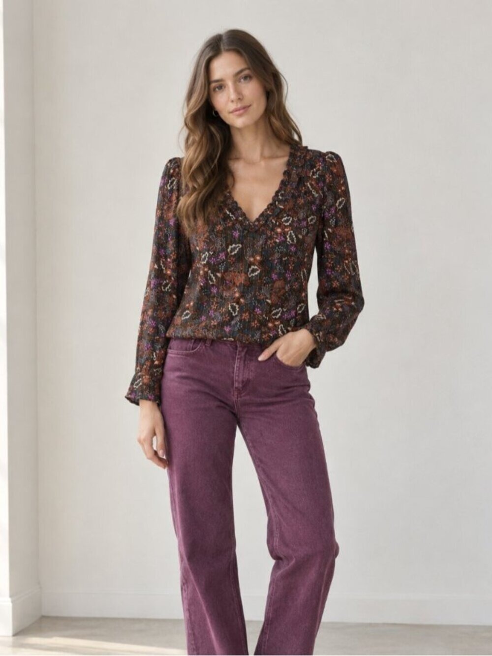 Dear John Multicolor Floral Blouse Metallic Ruffle Neck Small 0389